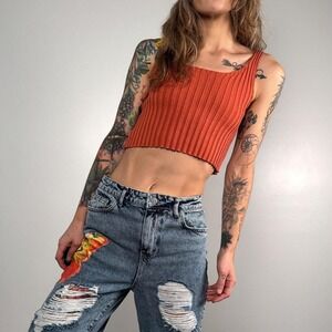 Rust Ribbed Knit Crop Tank | Burnt Orange Minimalist Fall Top (S/M)